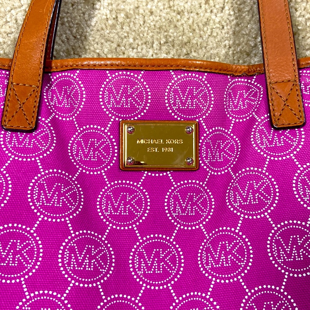 Michael Kors logo rare pink fabric and leather tote - Picture 2 of 5